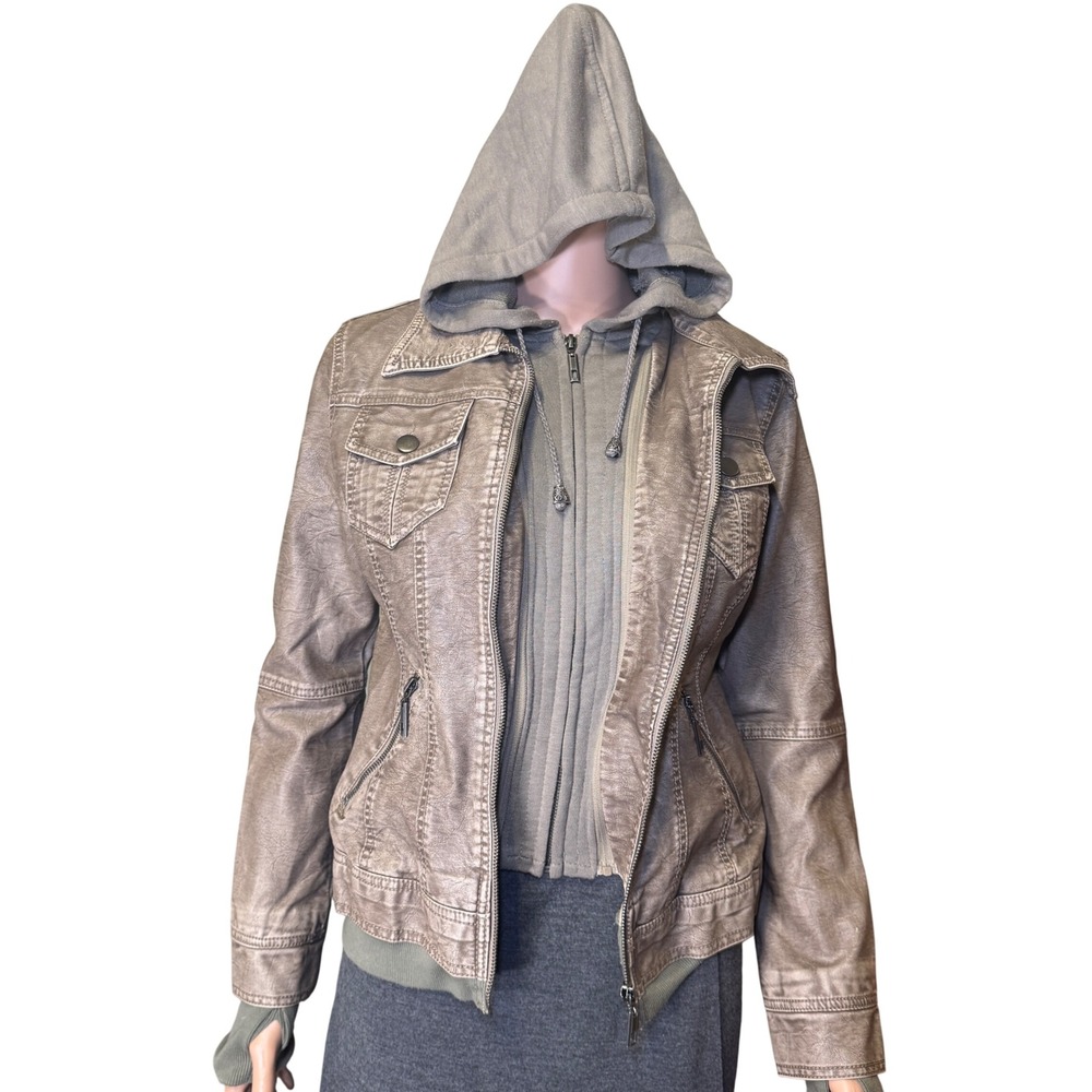 LA Coalition Womens XS Faux Leather Moto Jacket Removable Hooded Inset Taupe